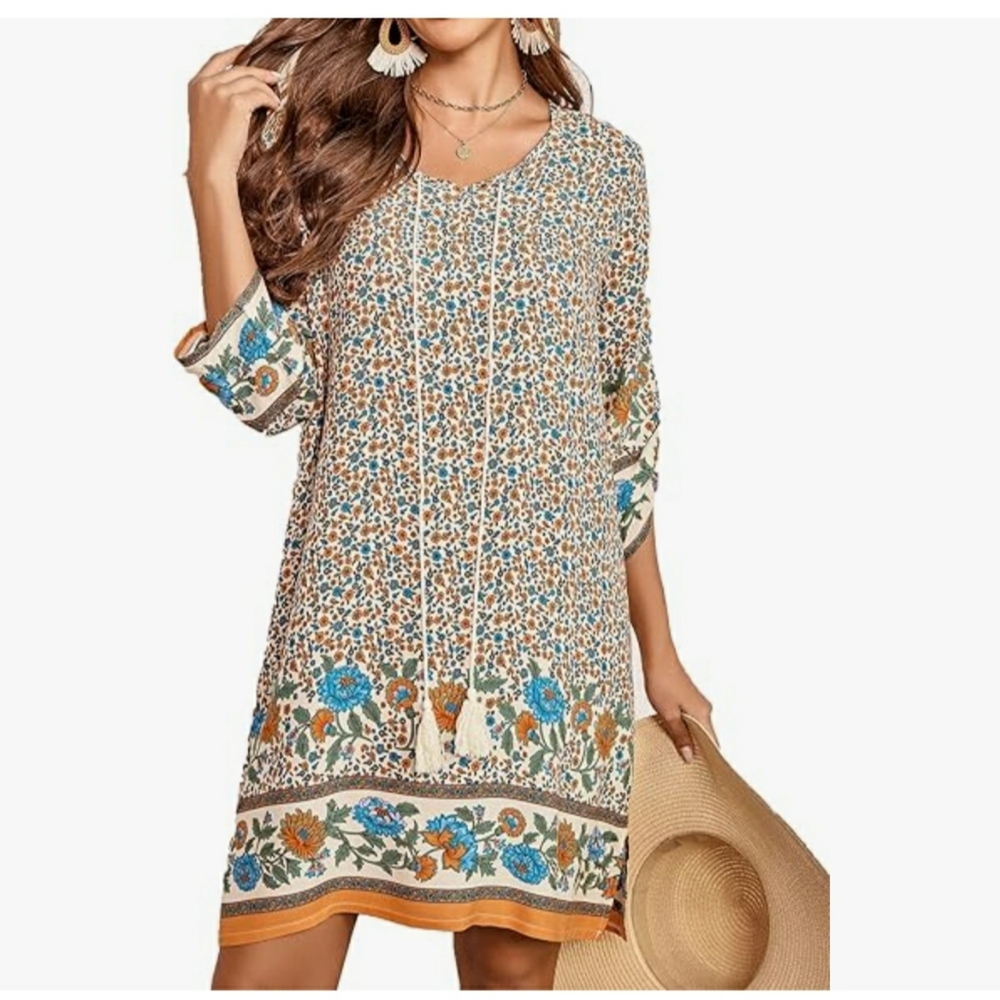 Hotouch Women Casual Summer Beach Dress Boho Tassel Tie Neck 3/4 Sleeve M